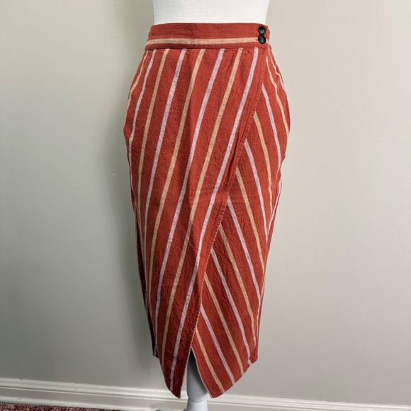 Madewell Dresses & Skirts - Madewell Rust Orange Striped Linen Blend Faux Wrap Midi Skirt with Pockets XS